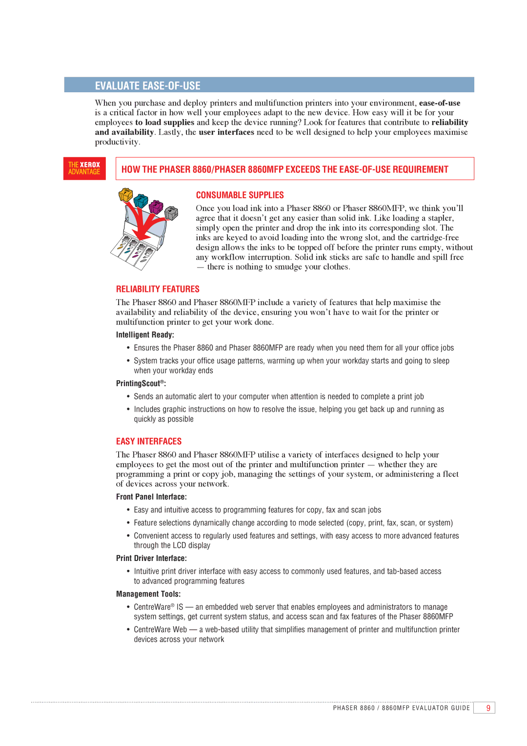 Xerox 8860MFP manual Consumable Supplies, Reliability Features, Easy Interfaces 