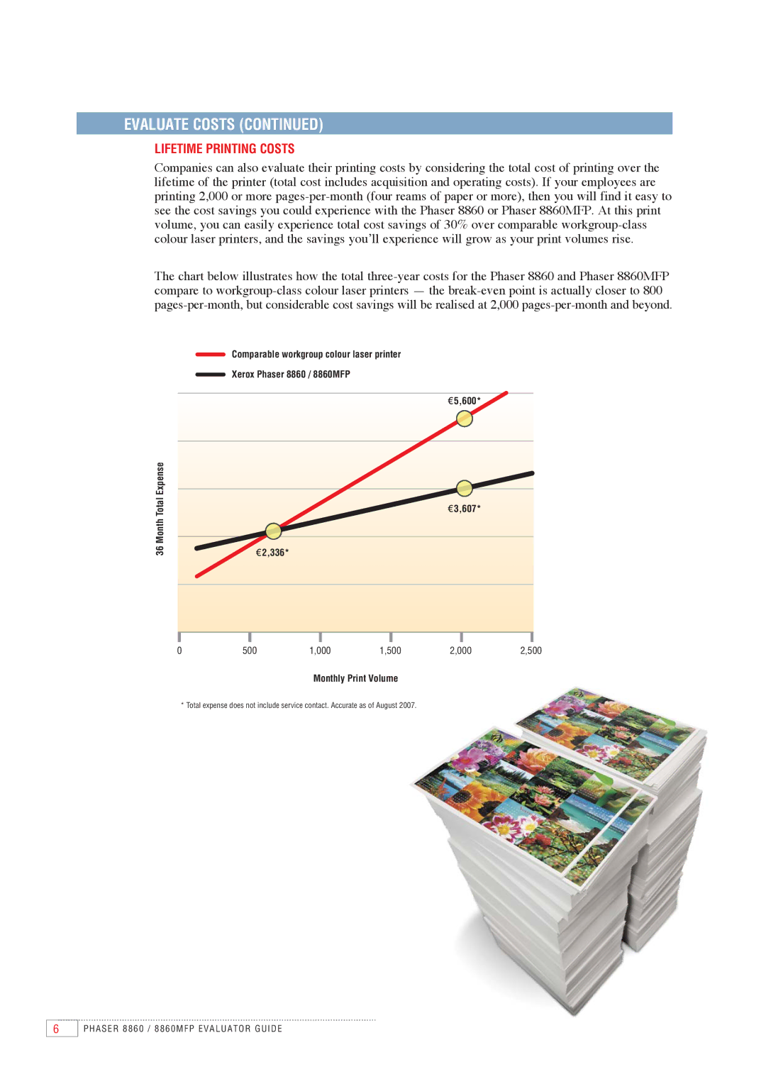 Xerox 8860MFP manual Lifetime Printing Costs, Monthly Print Volume 