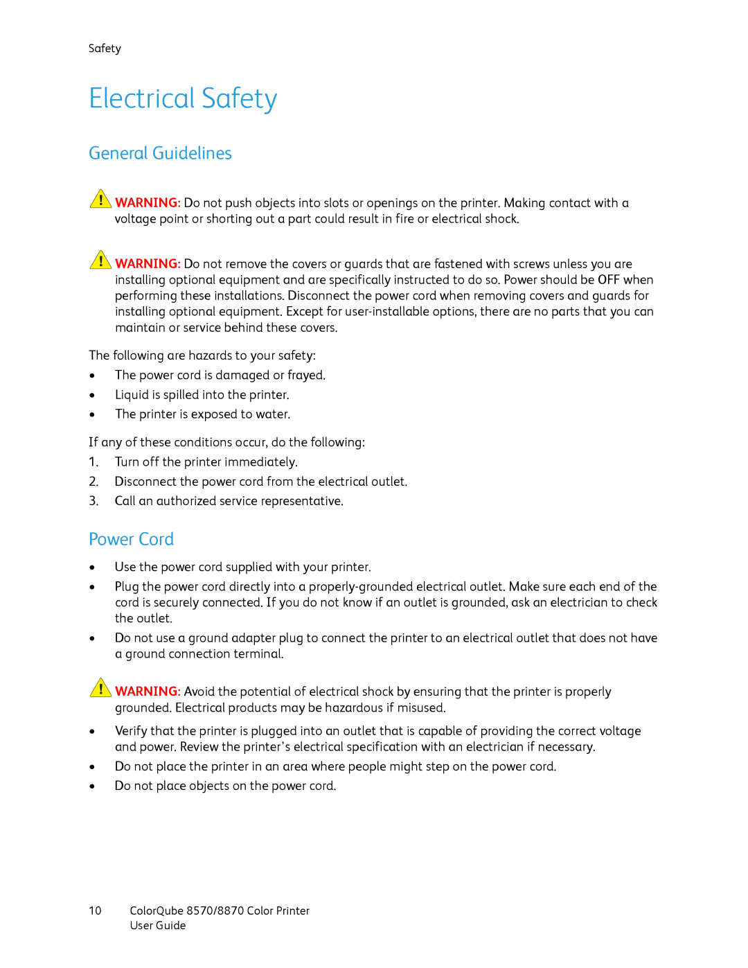 Xerox 8870, 8570 manual Electrical Safety, General Guidelines, Power Cord 