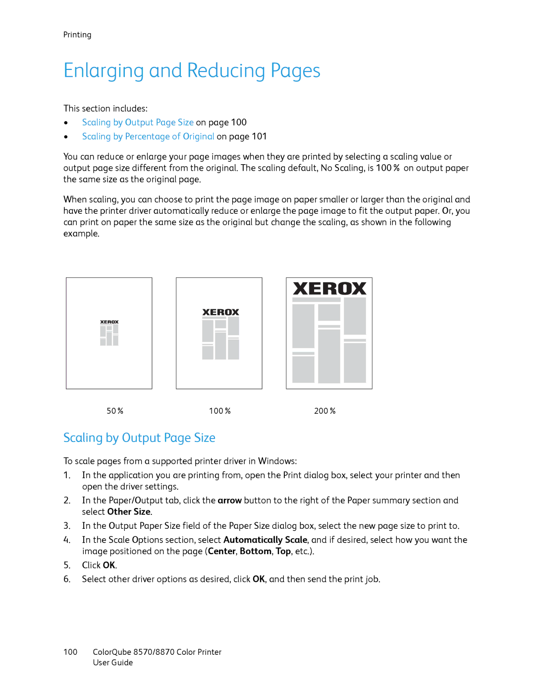 Xerox 8870, 8570 manual Enlarging and Reducing Pages, Scaling by Output Page Size 