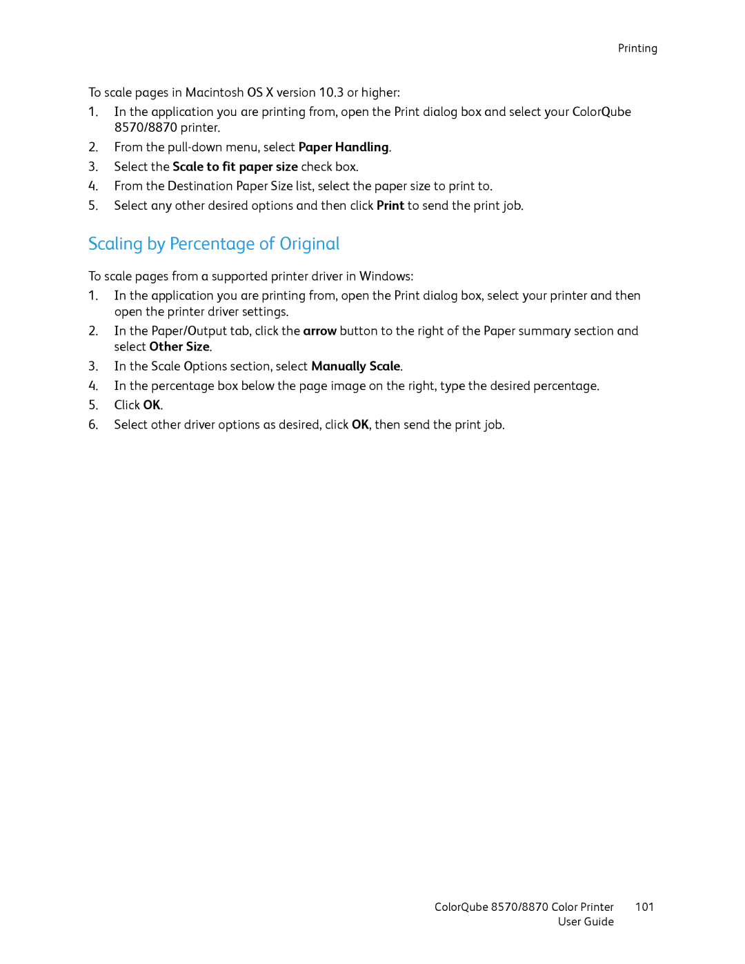 Xerox 8570, 8870 manual Scaling by Percentage of Original, Select the Scale to fit paper size check box 