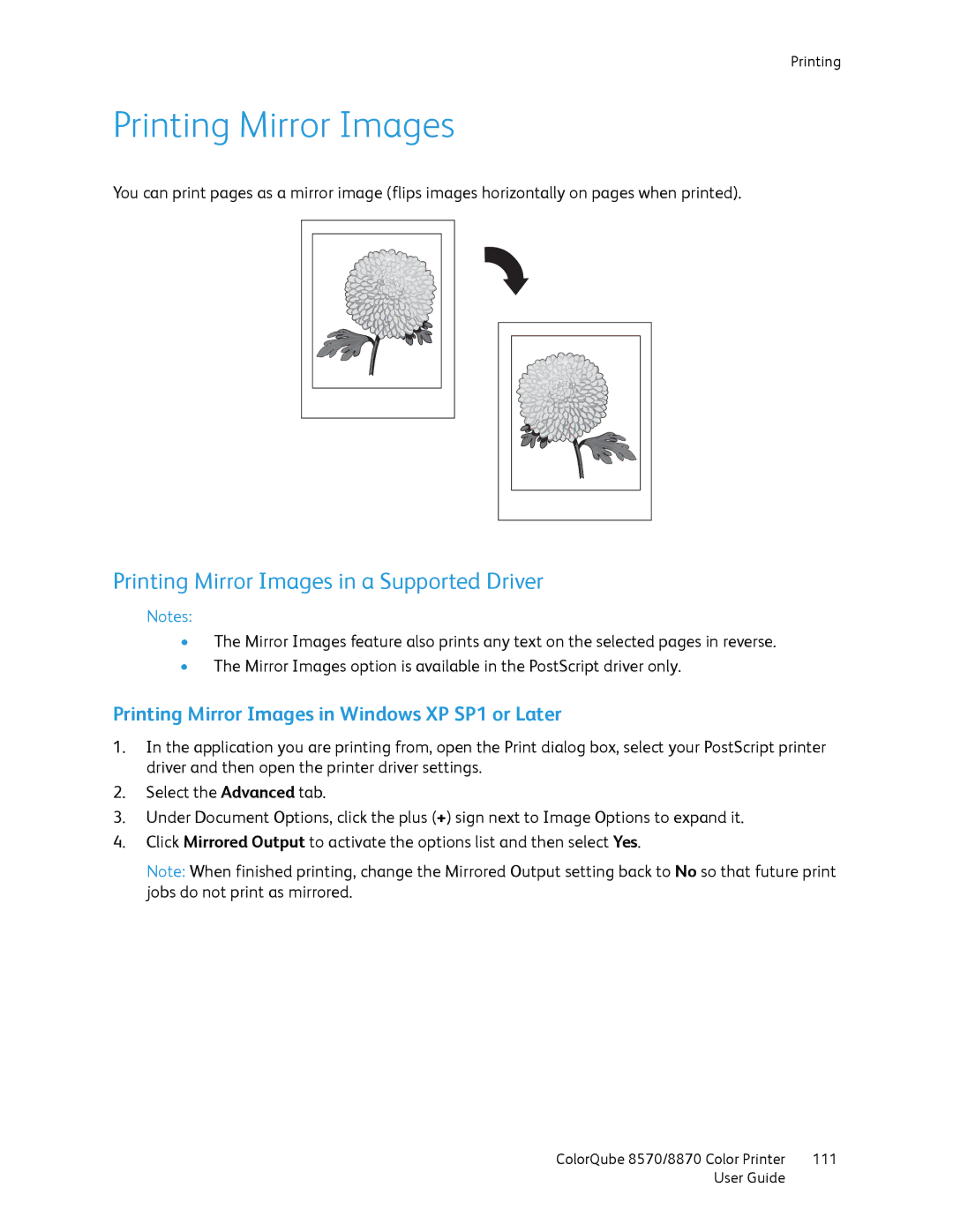 Xerox 8570, 8870 manual Printing Mirror Images in a Supported Driver, Printing Mirror Images in Windows XP SP1 or Later 