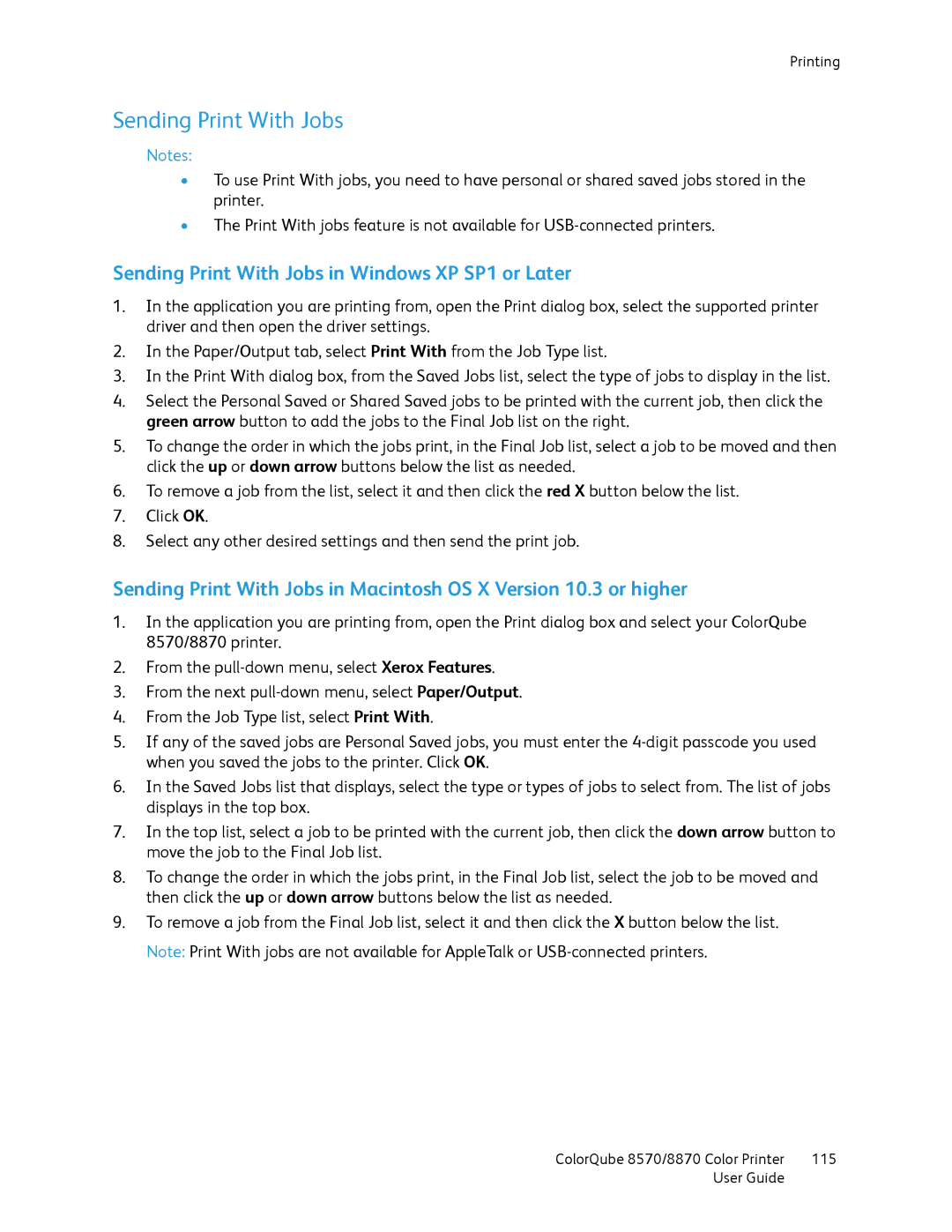 Xerox 8570, 8870 manual Sending Print With Jobs in Windows XP SP1 or Later 