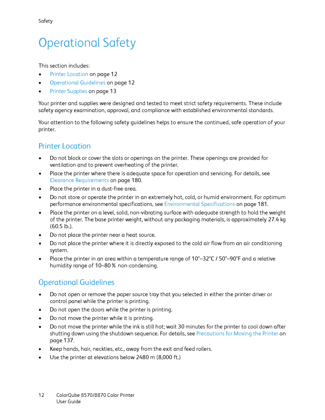 Xerox 8870, 8570 manual Operational Safety, Printer Location, Operational Guidelines 