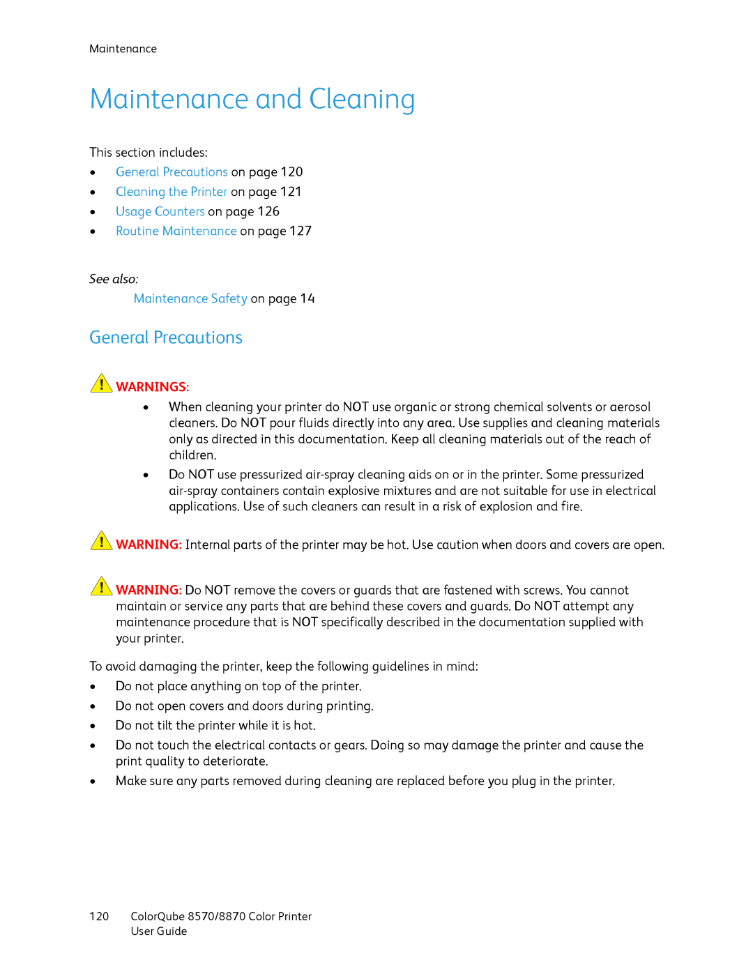 Xerox 8870, 8570 manual Maintenance and Cleaning, General Precautions 