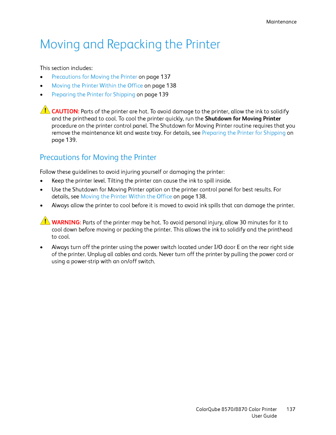 Xerox 8570, 8870 manual Moving and Repacking the Printer, Precautions for Moving the Printer 