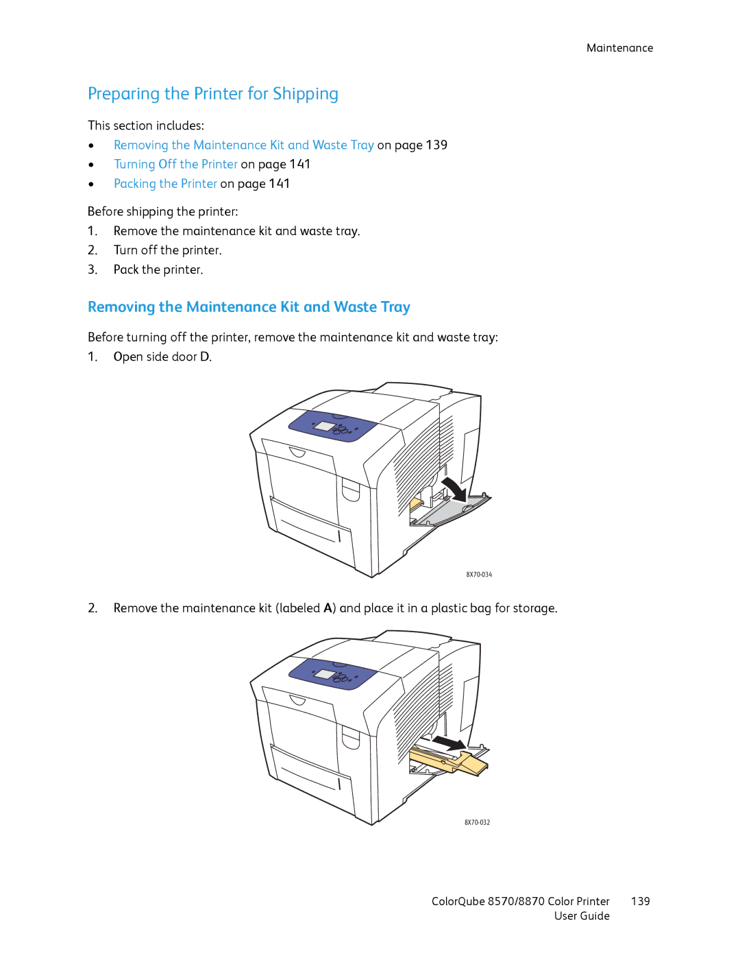 Xerox 8570, 8870 manual Preparing the Printer for Shipping, Removing the Maintenance Kit and Waste Tray 