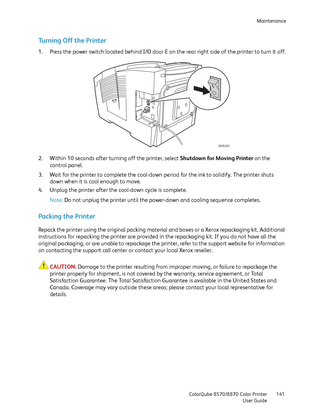 Xerox 8570, 8870 manual Turning Off the Printer, Packing the Printer 