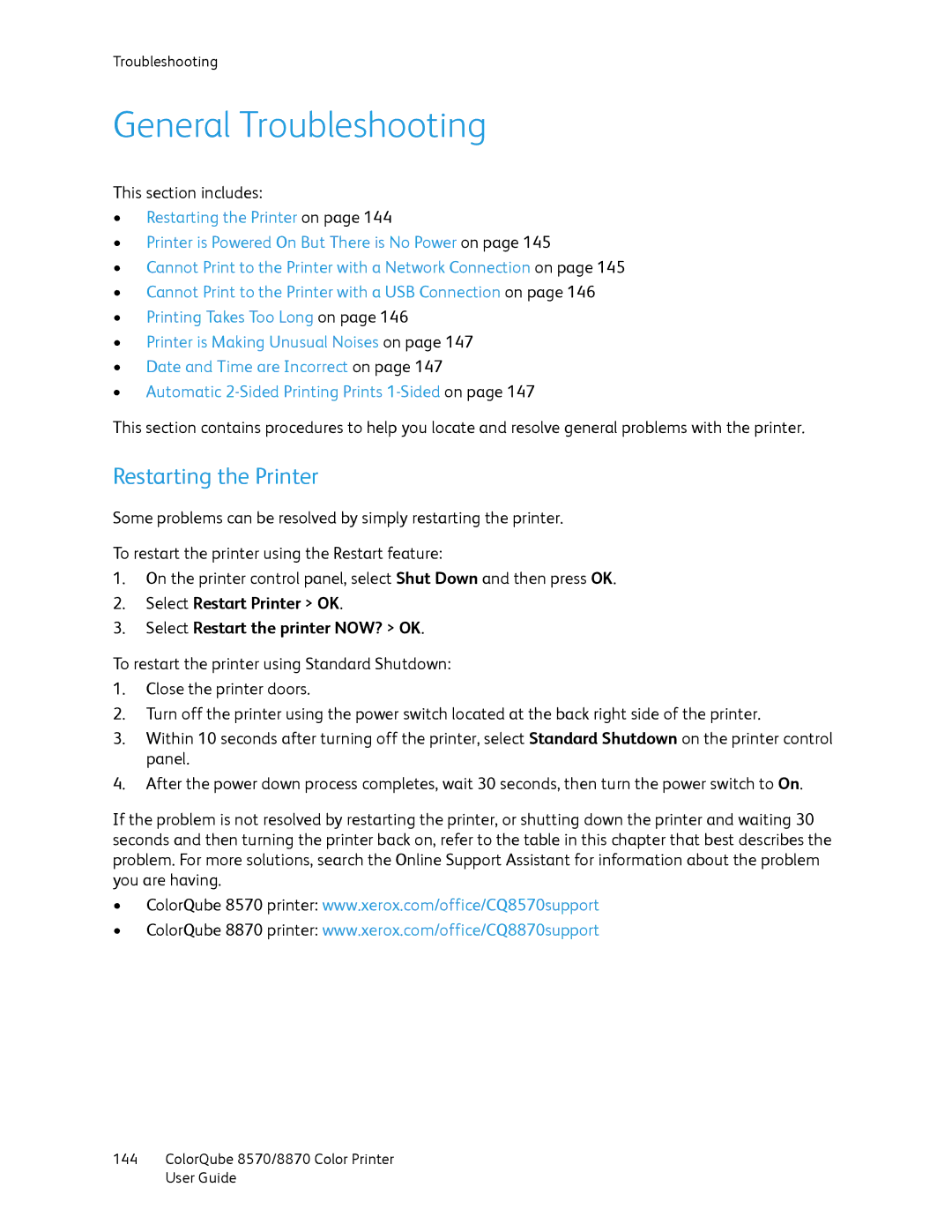 Xerox 8870, 8570 manual General Troubleshooting, Restarting the Printer 