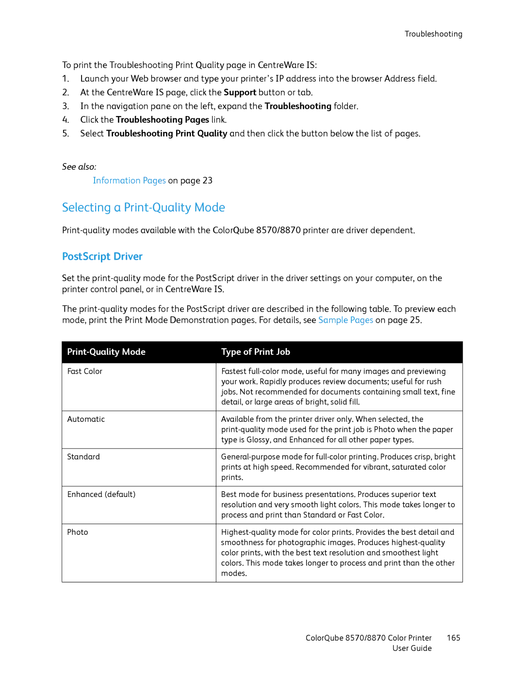 Xerox 8570, 8870 manual Selecting a Print-Quality Mode, PostScript Driver, Click the Troubleshooting Pages link 