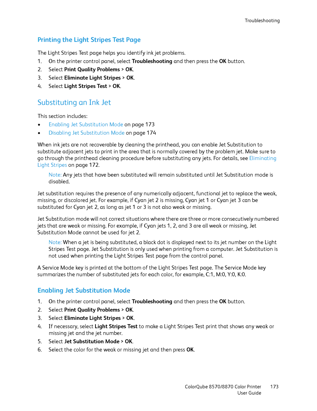 Xerox 8570, 8870 manual Substituting an Ink Jet, Printing the Light Stripes Test, Enabling Jet Substitution Mode 