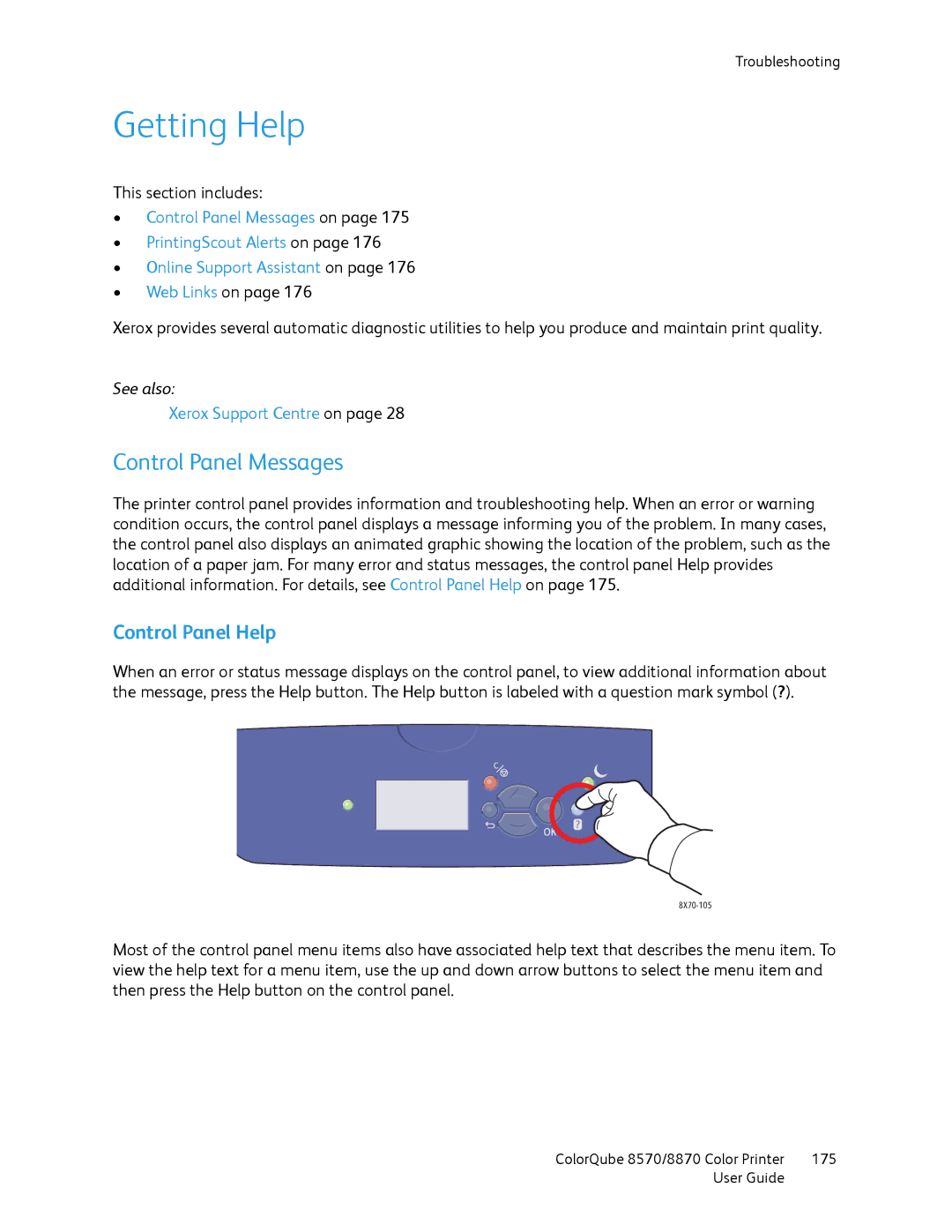 Xerox 8570, 8870 manual Getting Help, Control Panel Messages, Control Panel Help 