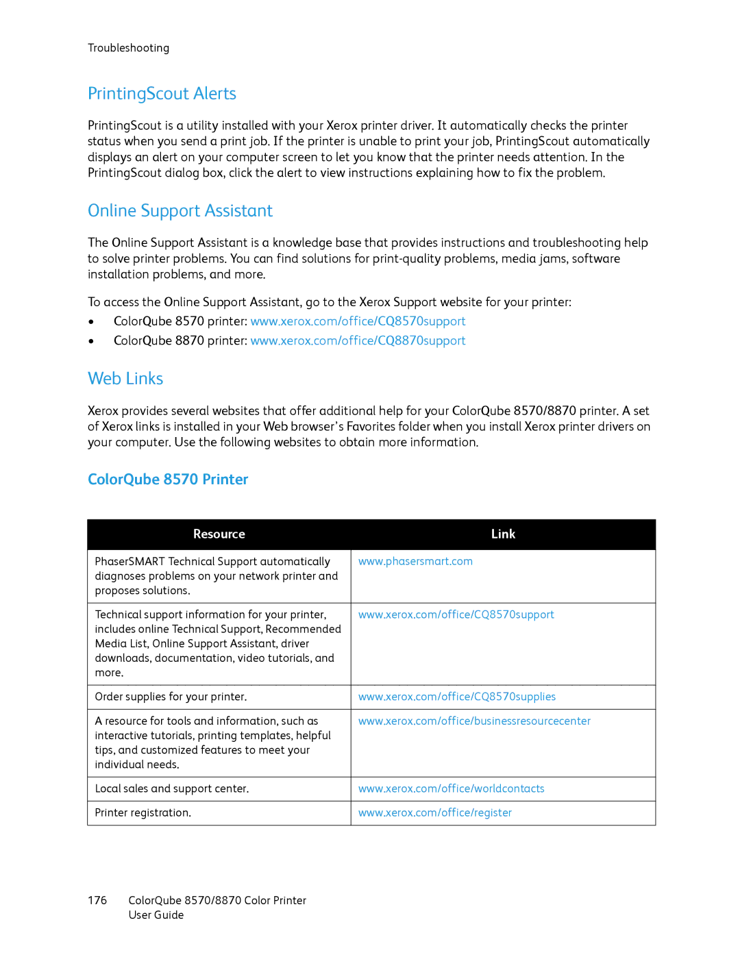 Xerox 8870 manual PrintingScout Alerts, Online Support Assistant, Web Links, ColorQube 8570 Printer, Resource Link 