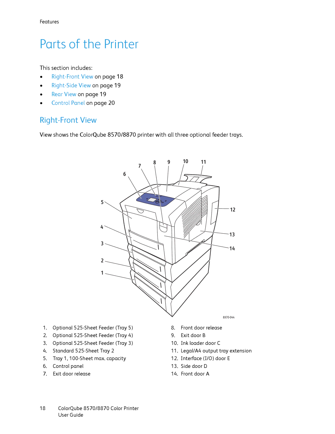 Xerox 8870, 8570 manual Parts of the Printer, Right-Front View 