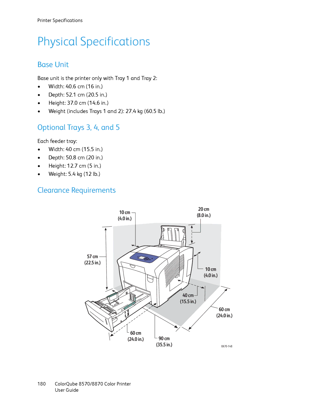 Xerox 8870, 8570 manual Physical Specifications, Base Unit, Optional Trays 3, 4, Clearance Requirements 