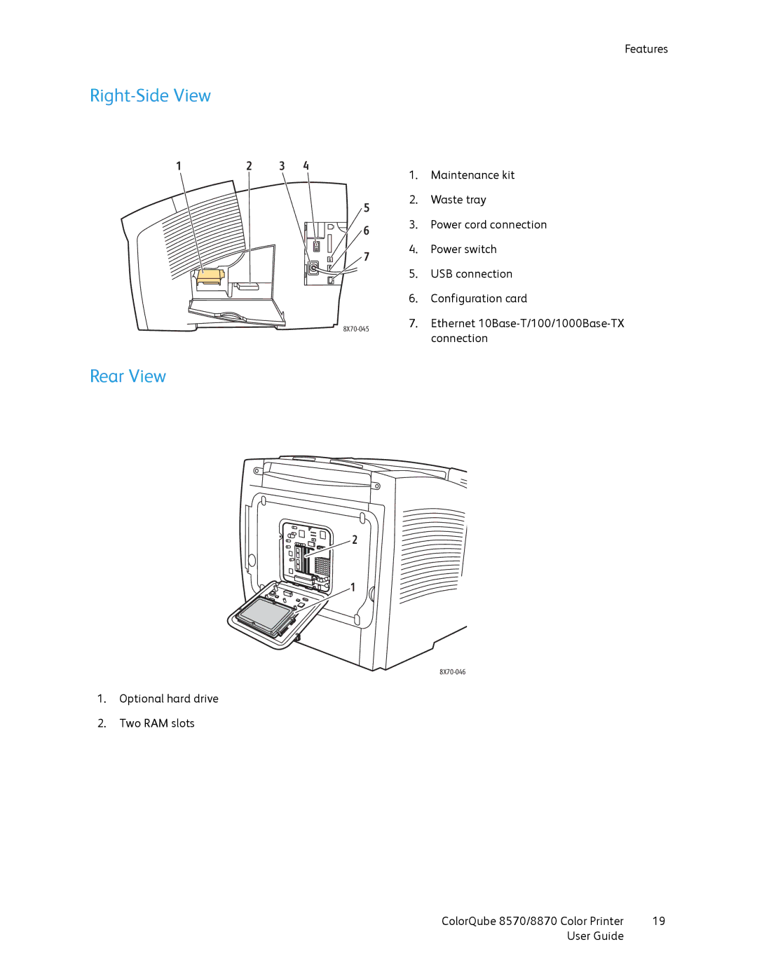 Xerox 8570, 8870 manual Right-Side View, Rear View 