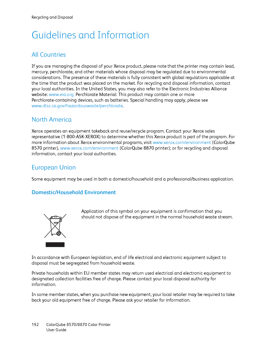 Xerox 8870, 8570 Guidelines and Information, All Countries North America European Union, Domestic/Household Environment 