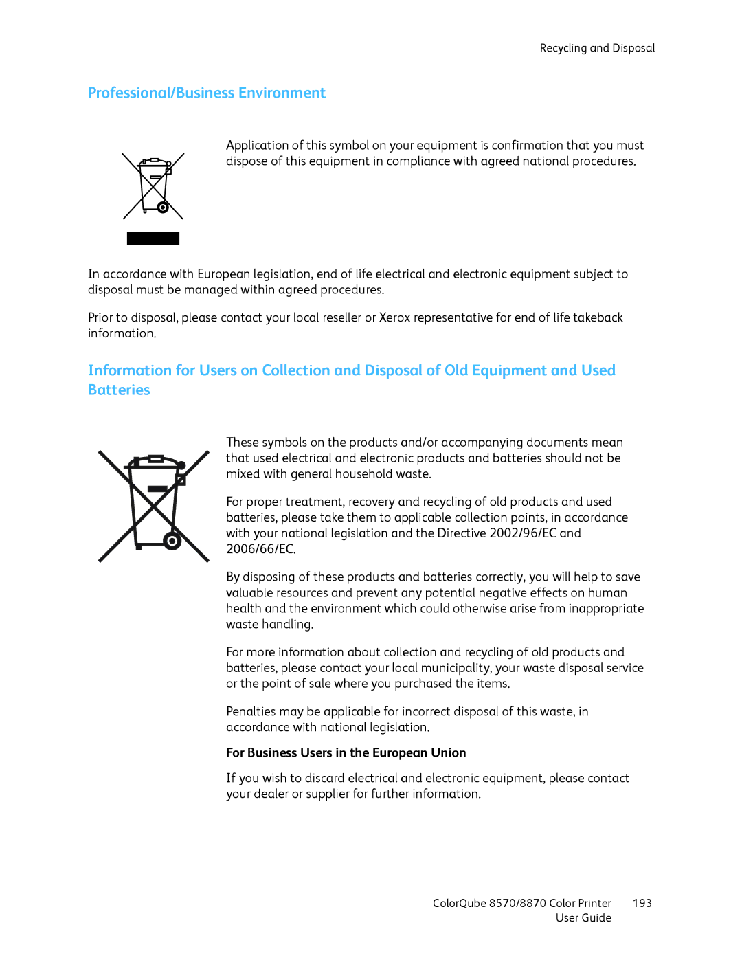 Xerox 8570, 8870 manual Professional/Business Environment, For Business Users in the European Union 