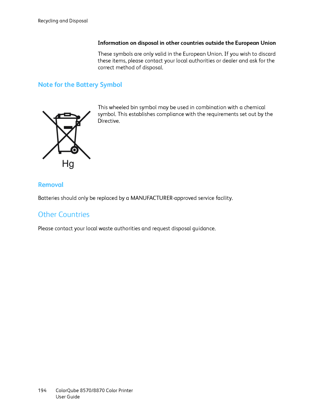 Xerox 8870, 8570 manual Other Countries, Removal 