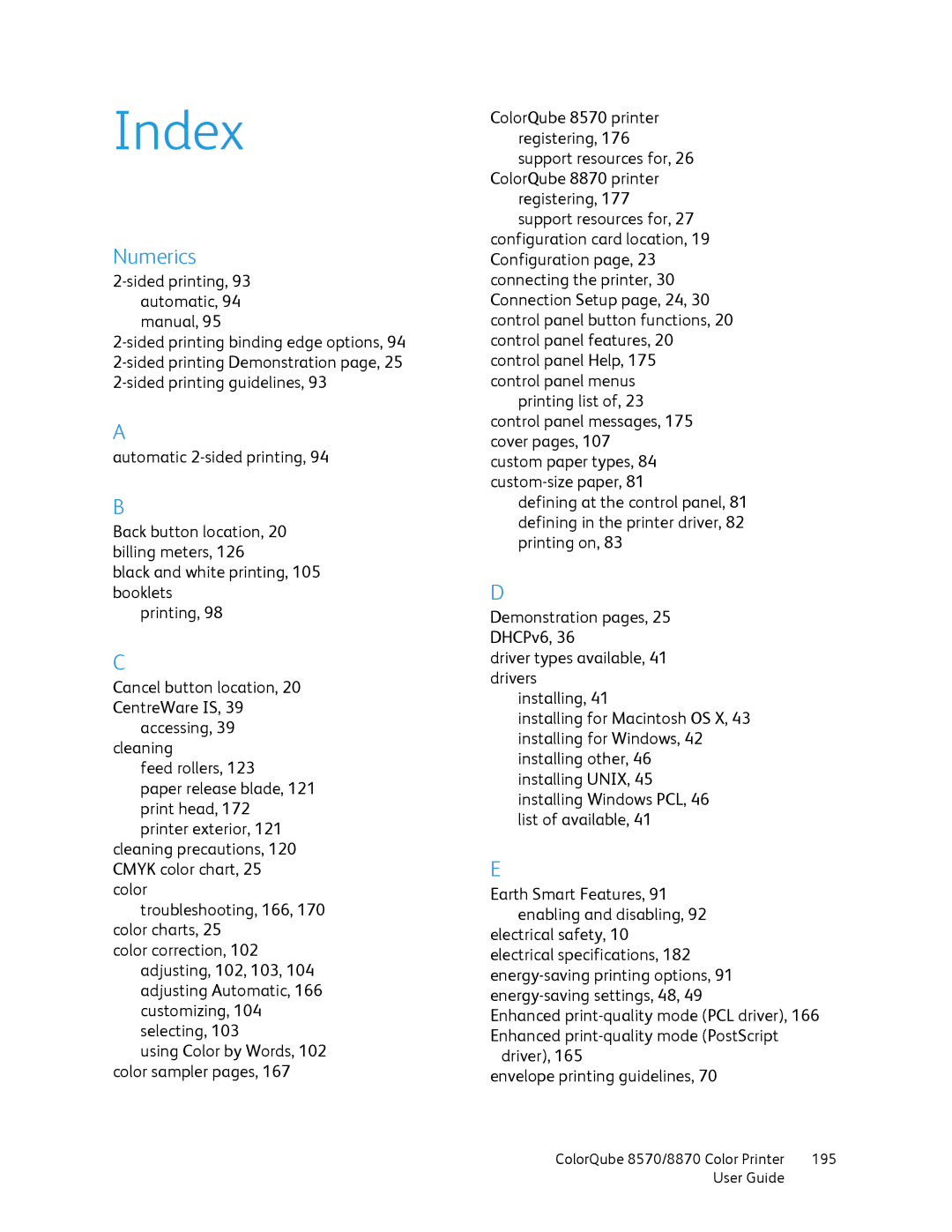 Xerox 8570, 8870 manual Index 