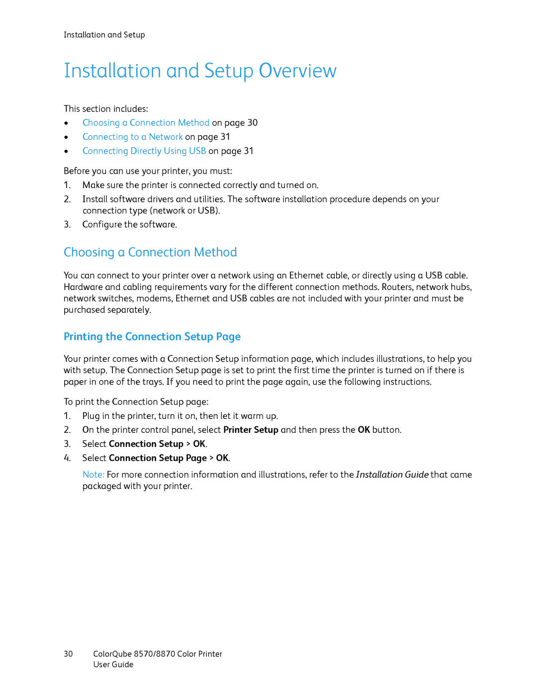 Xerox 8870, 8570 manual Installation and Setup Overview, Choosing a Connection Method, Printing the Connection Setup 