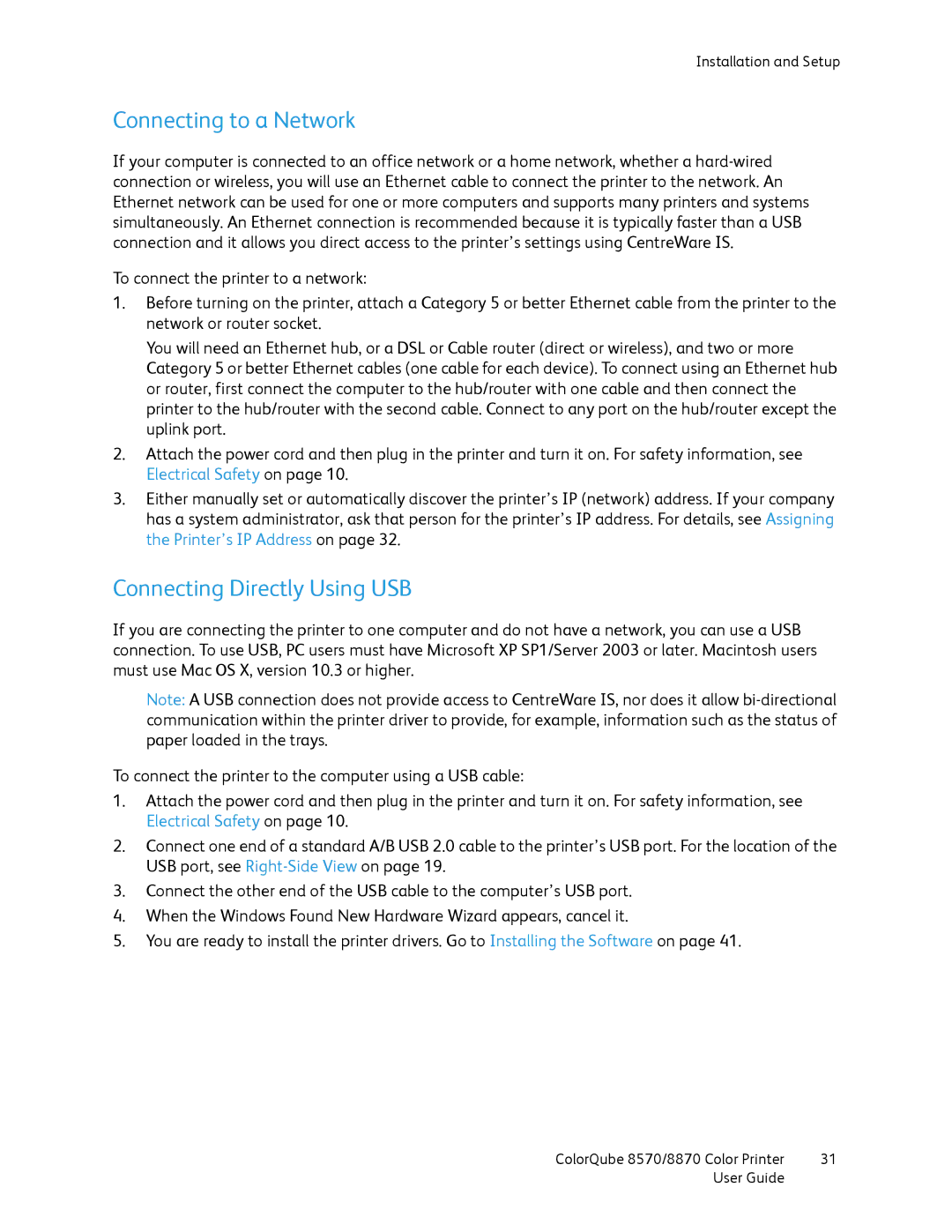 Xerox 8570, 8870 manual Connecting to a Network, Connecting Directly Using USB 