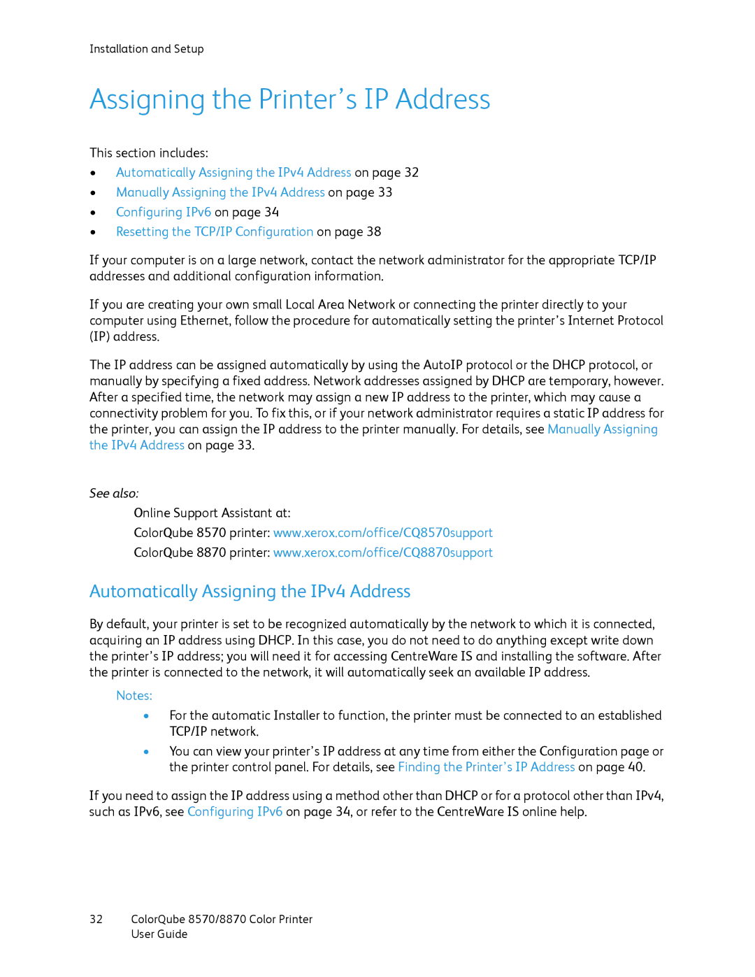 Xerox 8870, 8570 manual Assigning the Printer’s IP Address, Automatically Assigning the IPv4 Address 