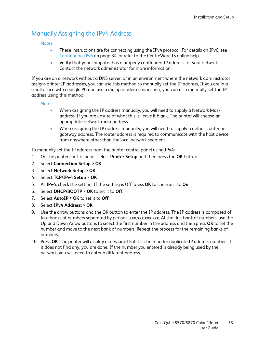 Xerox 8570, 8870 manual Manually Assigning the IPv4 Address, Select IPv4 Address OK 