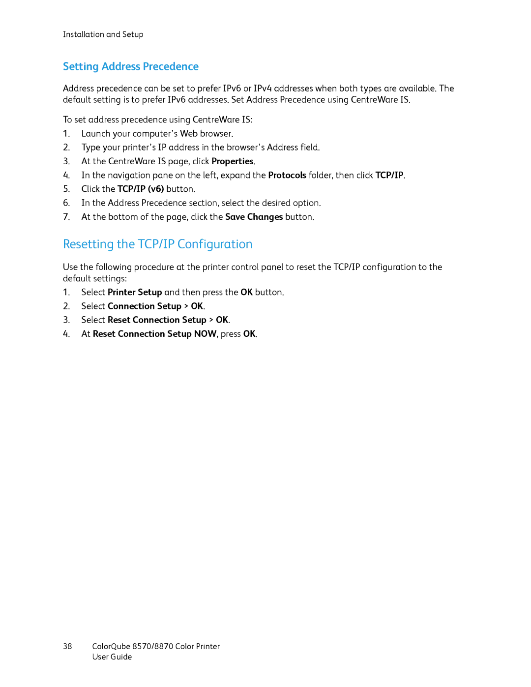 Xerox 8870, 8570 manual Resetting the TCP/IP Configuration, Setting Address Precedence 