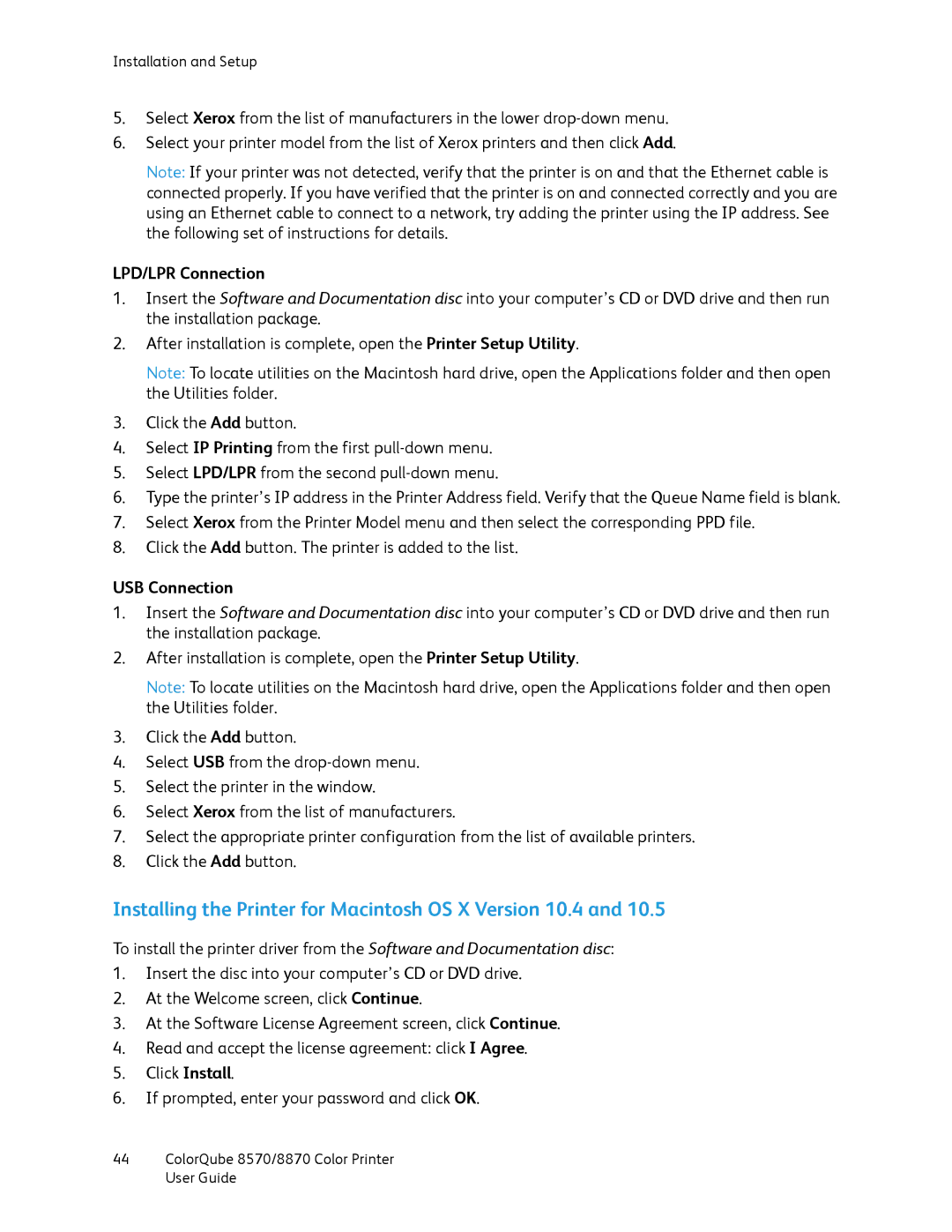 Xerox 8870, 8570 manual Installing the Printer for Macintosh OS X Version 10.4, LPD/LPR Connection, USB Connection 