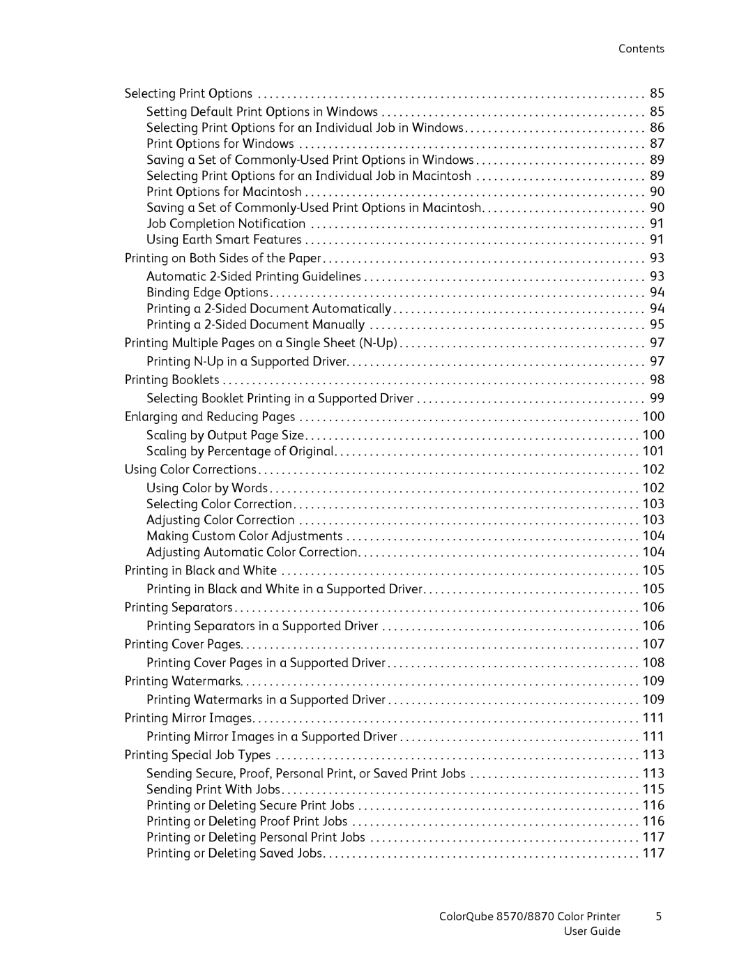 Xerox 8570, 8870 manual Contents Selecting Print Options 