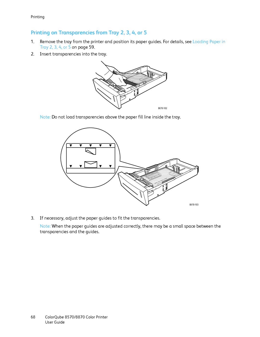 Xerox 8870, 8570 manual Printing on Transparencies from Tray 2, 3, 4, or 