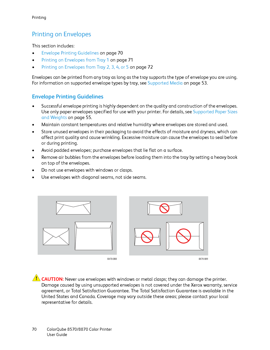 Xerox 8870, 8570 manual Printing on Envelopes, Envelope Printing Guidelines 