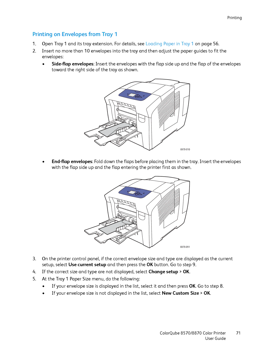 Xerox 8570, 8870 manual Printing on Envelopes from Tray 