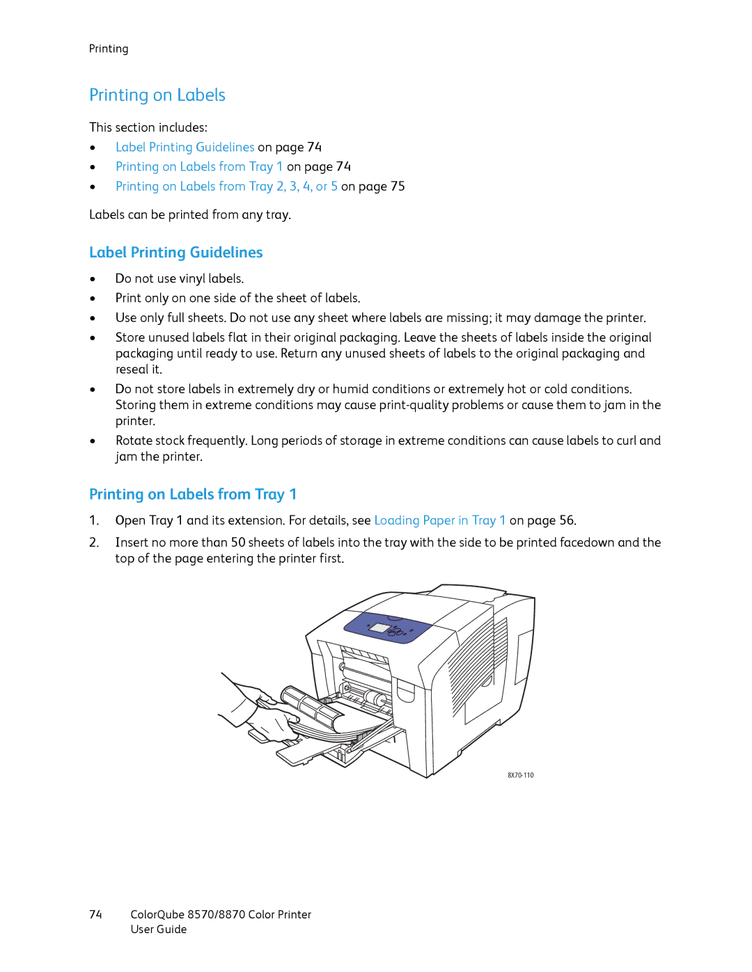 Xerox 8870, 8570 manual Label Printing Guidelines, Printing on Labels from Tray 