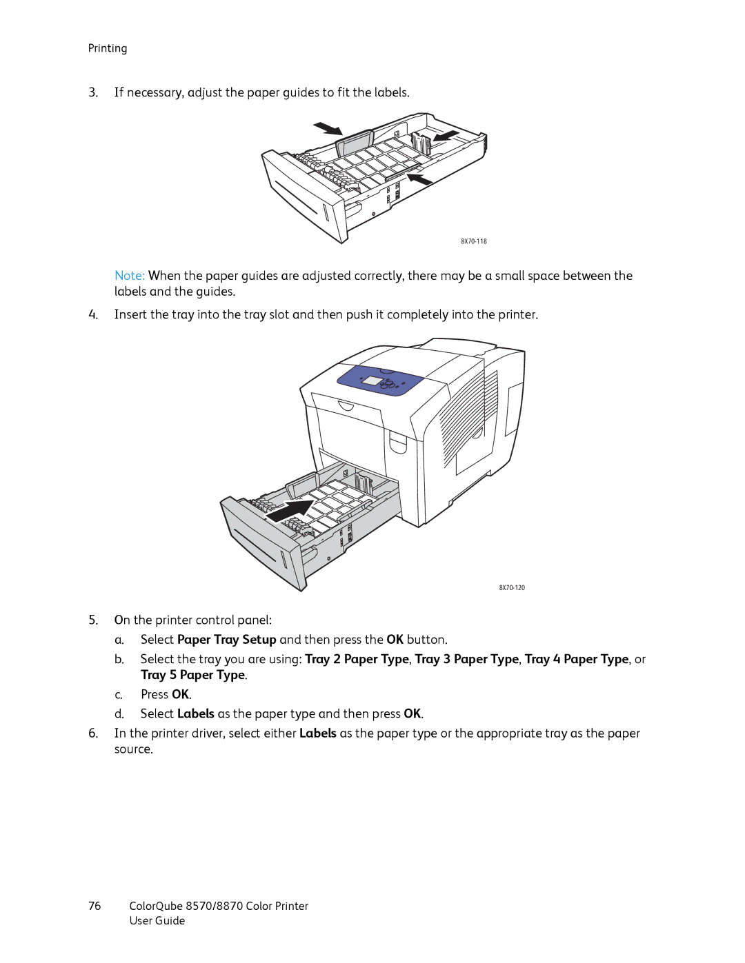 Xerox 8870, 8570 manual If necessary, adjust the paper guides to fit the labels 