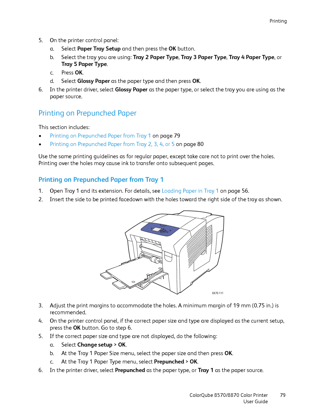 Xerox 8570, 8870 manual Printing on Prepunched Paper from Tray 