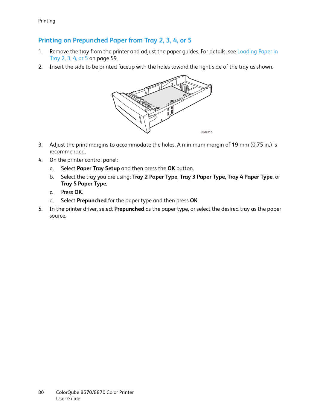 Xerox 8870, 8570 manual Printing on Prepunched Paper from Tray 2, 3, 4, or 