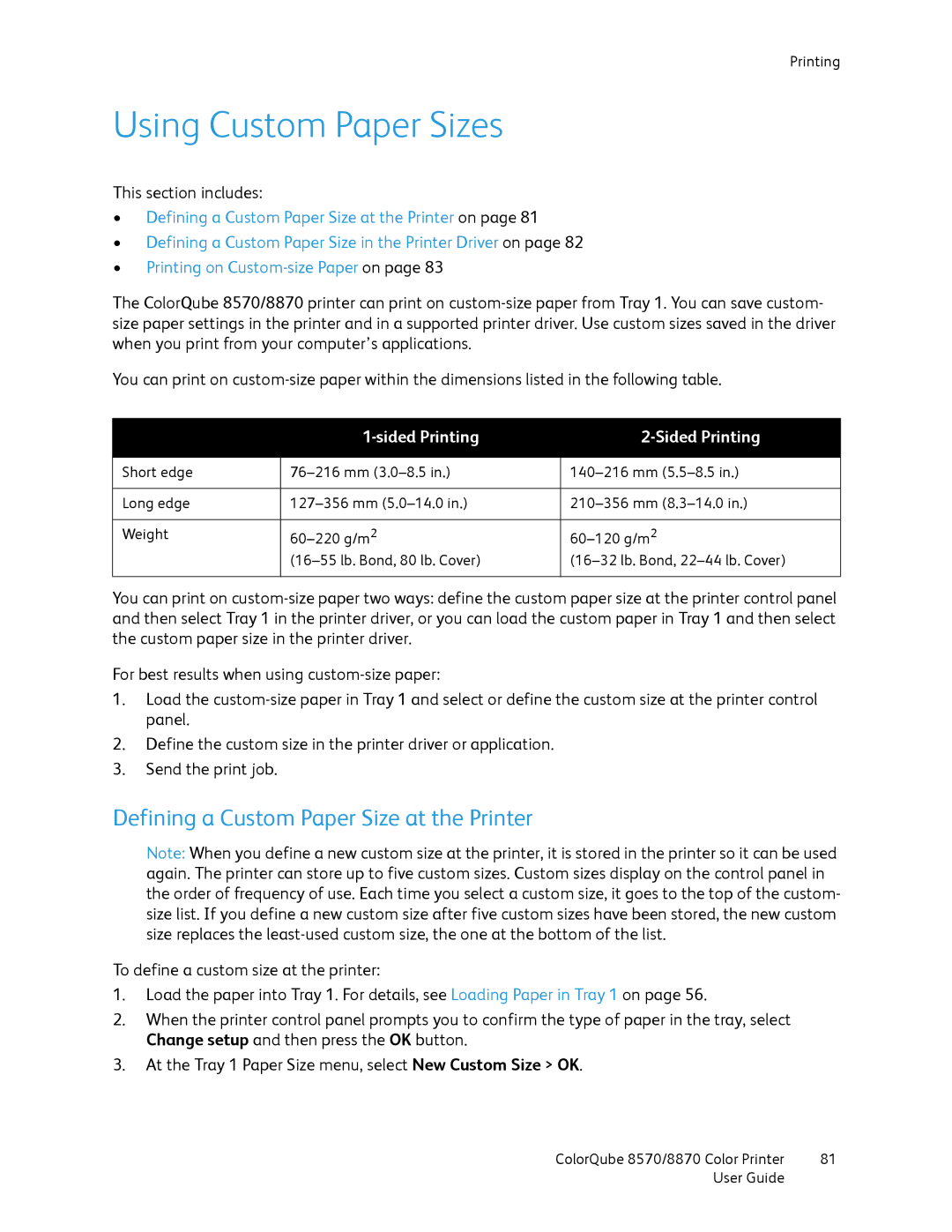 Xerox 8570, 8870 manual Using Custom Paper Sizes, Defining a Custom Paper Size at the Printer, Sided Printing 