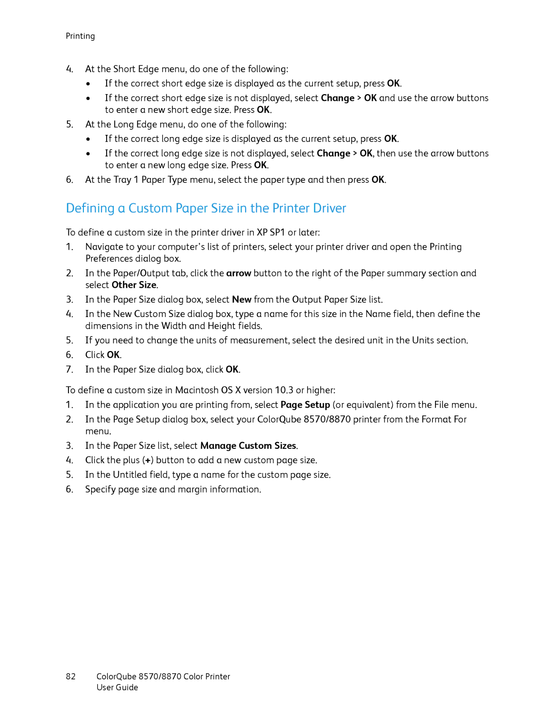 Xerox 8870, 8570 manual Defining a Custom Paper Size in the Printer Driver 