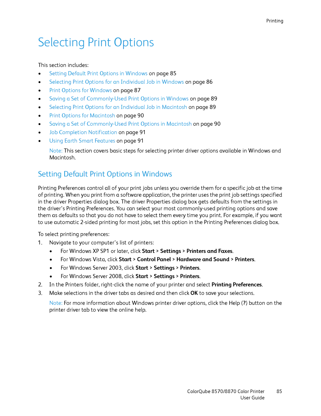 Xerox 8570, 8870 manual Selecting Print Options, Setting Default Print Options in Windows 