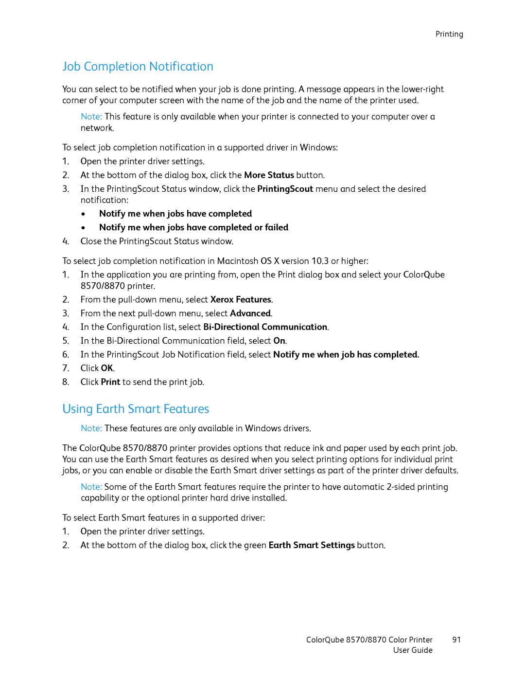 Xerox 8570, 8870 manual Job Completion Notification, Using Earth Smart Features 