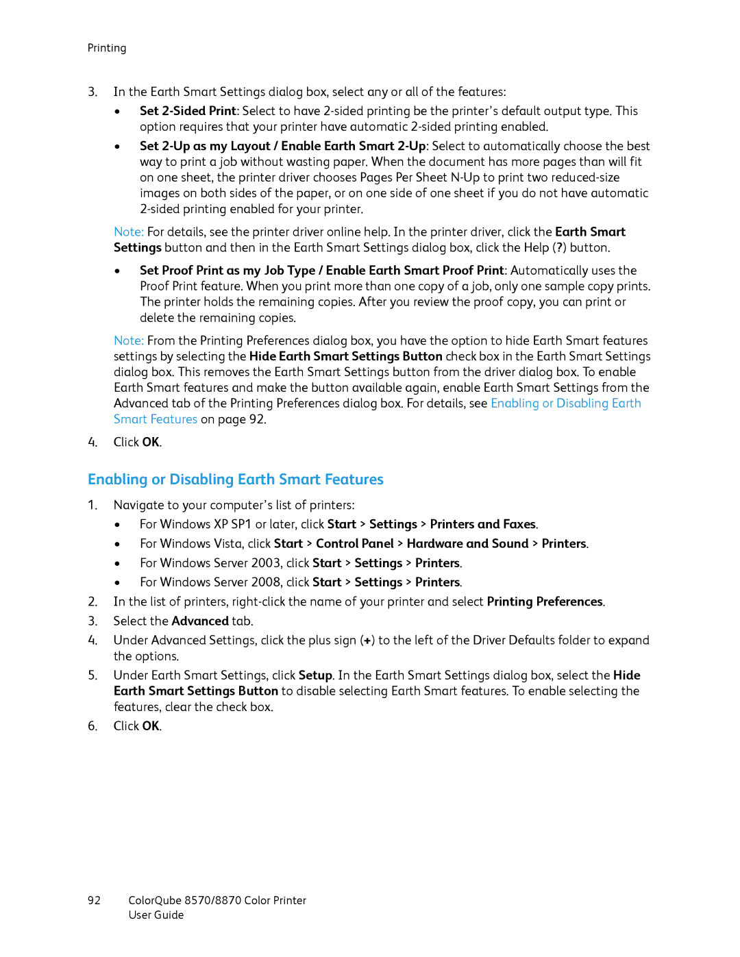 Xerox 8870, 8570 manual Enabling or Disabling Earth Smart Features 