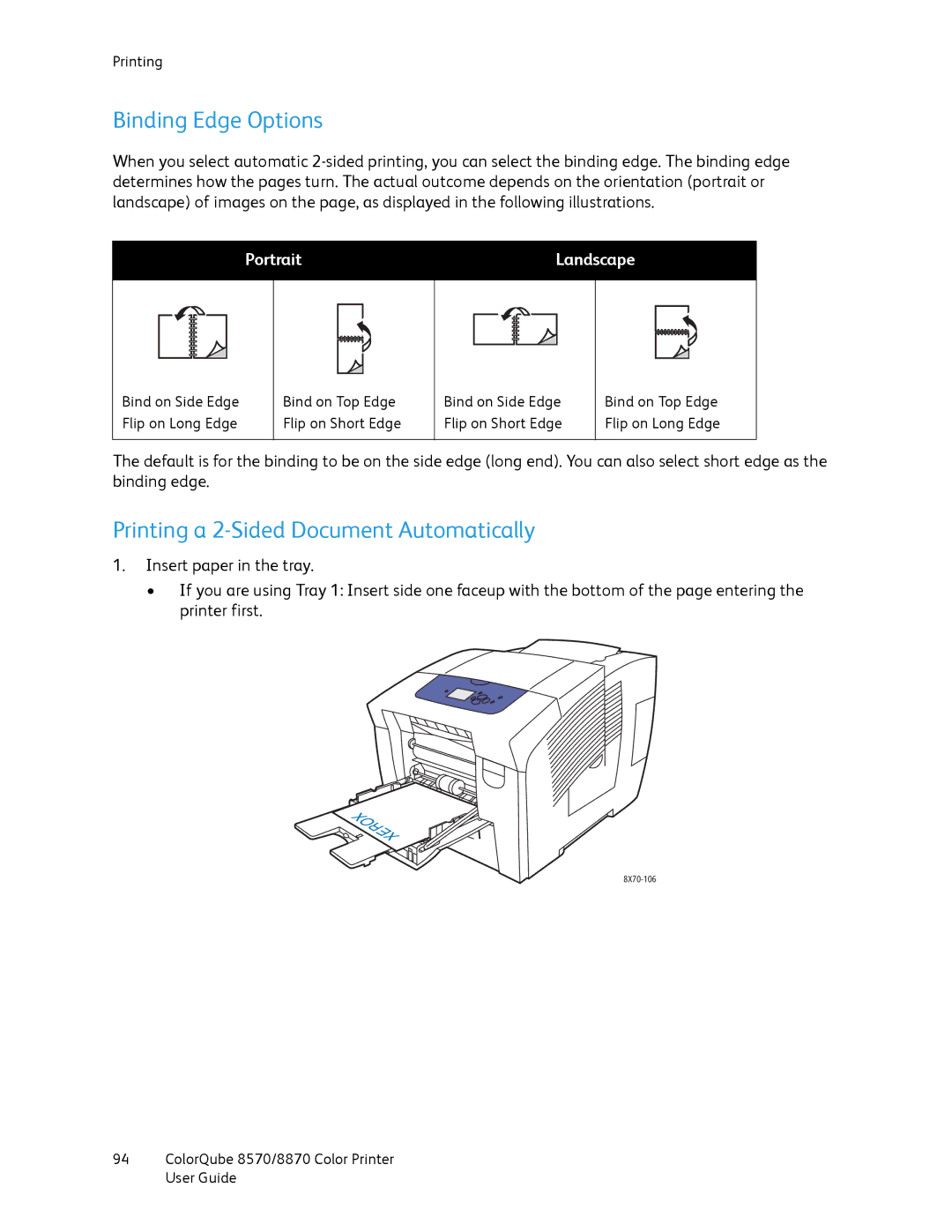 Xerox 8870, 8570 manual Binding Edge Options, Printing a 2-Sided Document Automatically, Portrait Landscape 