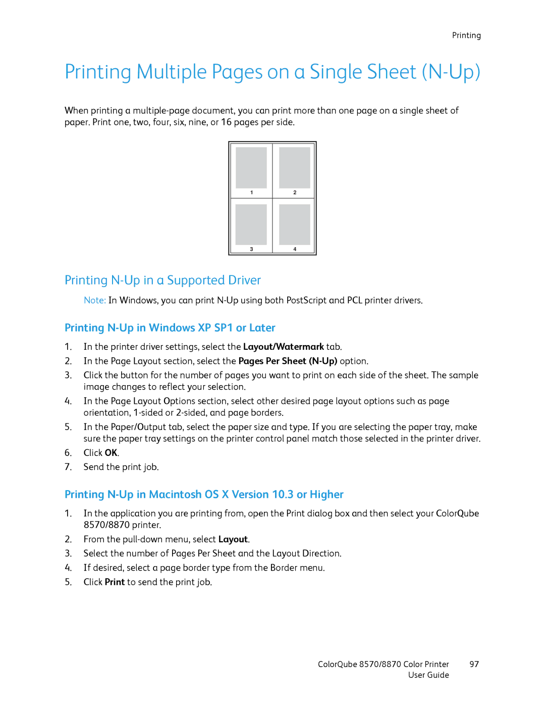 Xerox 8570, 8870 manual Printing Multiple Pages on a Single Sheet N-Up, Printing N-Up in a Supported Driver 