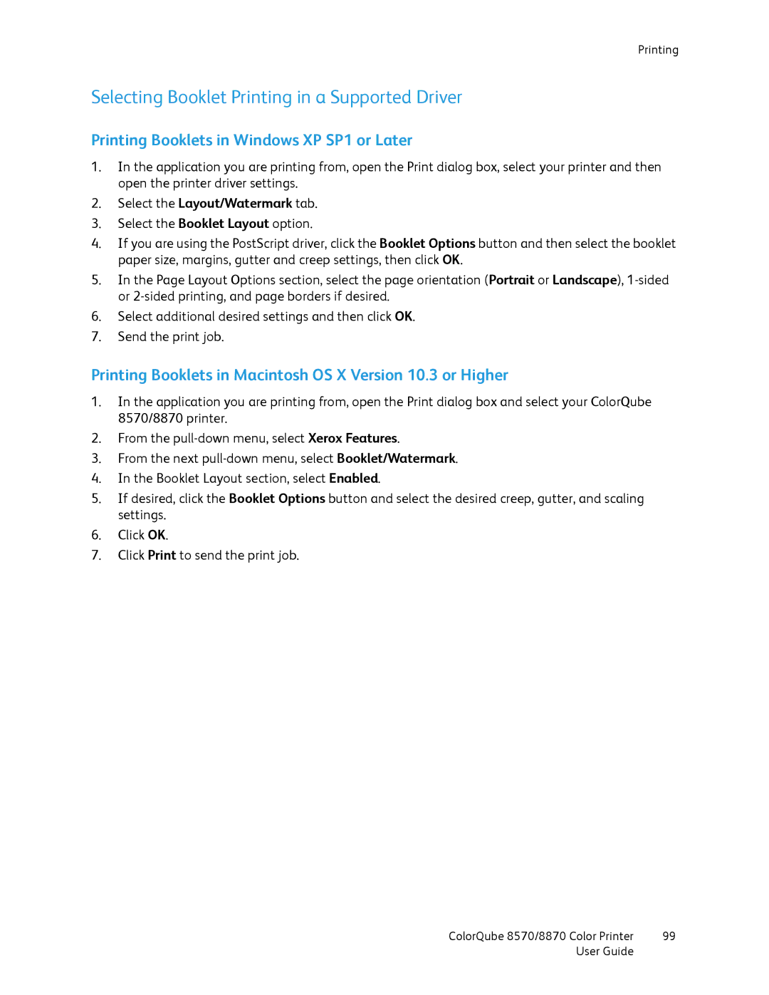 Xerox 8570, 8870 manual Selecting Booklet Printing in a Supported Driver, Printing Booklets in Windows XP SP1 or Later 