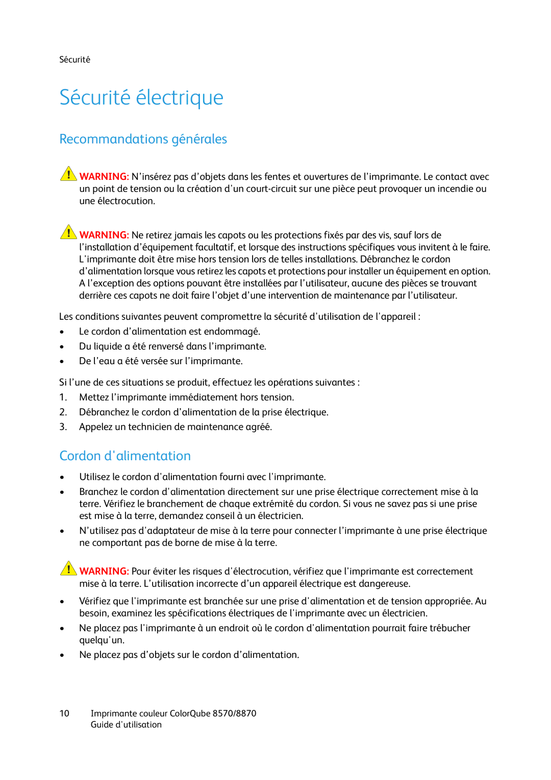 Xerox 8870, 8570 manual Sécurité électrique, Recommandations générales, Cordon dalimentation 