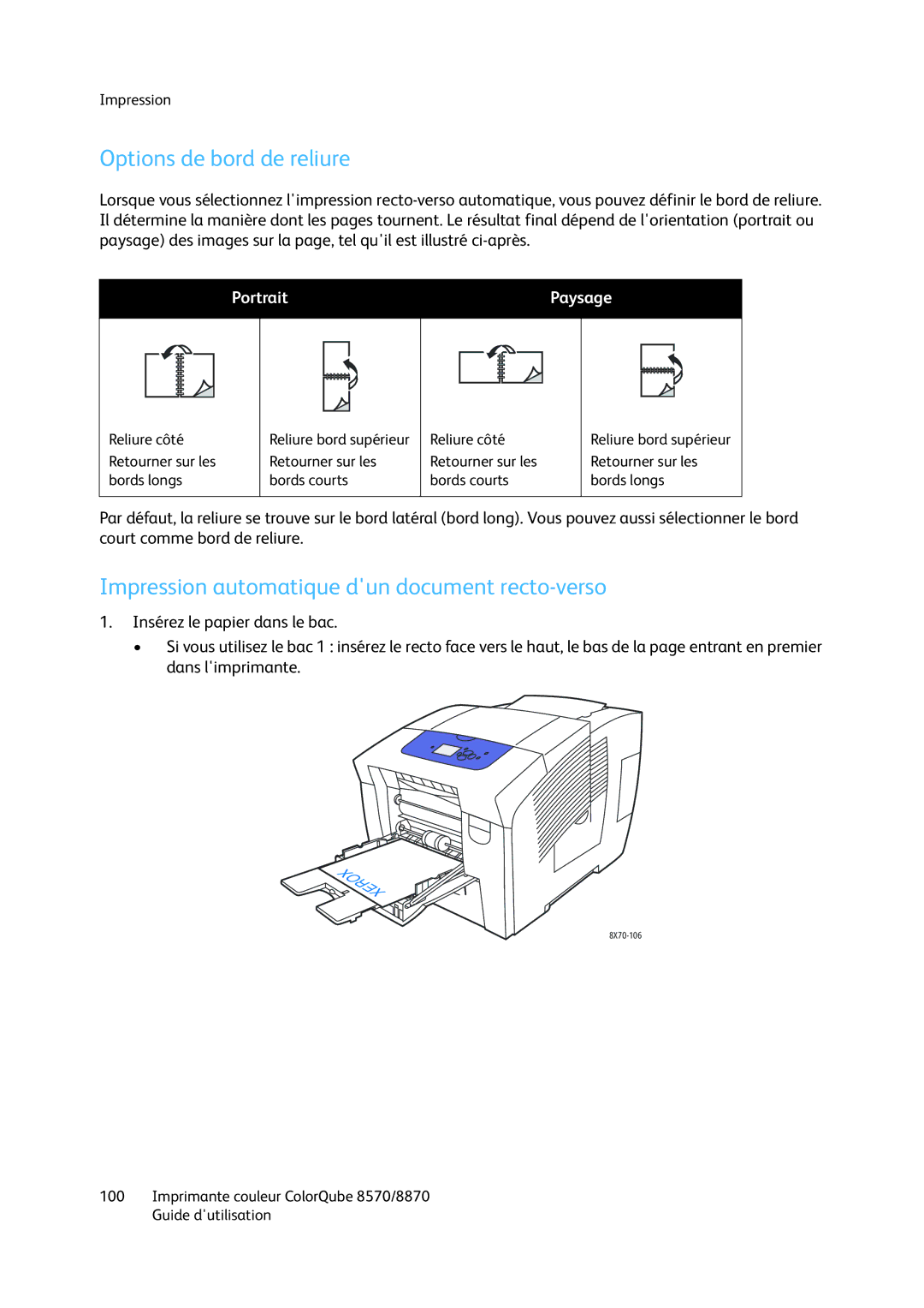 Xerox 8870, 8570 manual Options de bord de reliure, Impression automatique dun document recto-verso, Portrait Paysage 