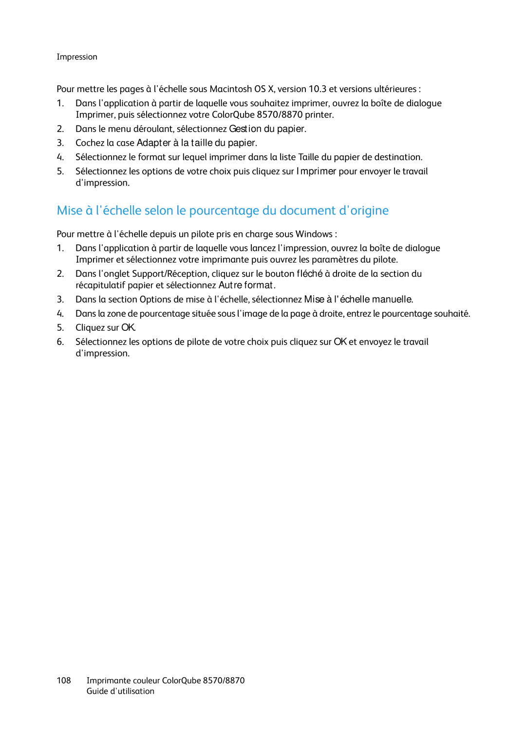 Xerox 8870, 8570 Mise à léchelle selon le pourcentage du document dorigine, Cochez la case Adapter à la taille du papier 