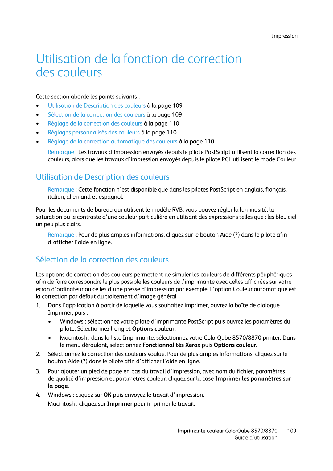 Xerox 8570, 8870 manual Utilisation de la fonction de correction des couleurs, Utilisation de Description des couleurs 